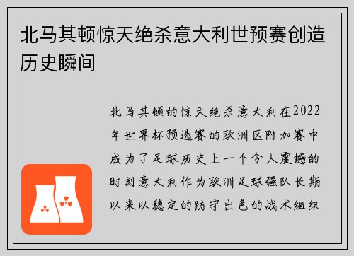 北马其顿惊天绝杀意大利世预赛创造历史瞬间
